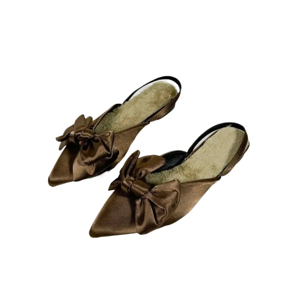 Bow Pointed Toe Slippers Chunky Shallow Casual Luxury Shoes Woman 2025 Trend Elegant Party Dress Slides New Autumn Mujer Zapatos