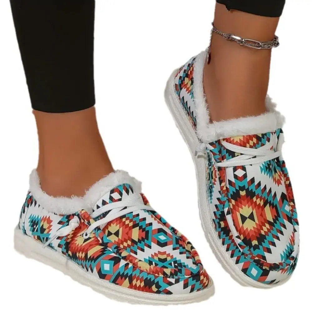 Women's Fashion Colorful Geometric Print Thickened Warm Snow Shoes Lightweight and Comfortable Outdoor Low Top Shoes
