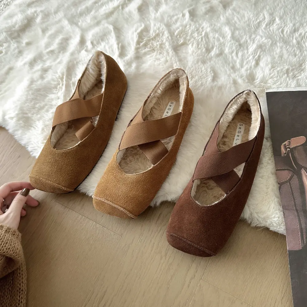 2024 Autumn and Winter New Cotton Shoes Cross Strap A Slip-on Mary Jane Women's Shoes with Cashmere Square Hair Shoes Women