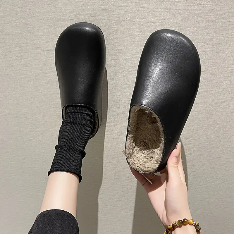 Baotou Half Slippers Women's Autumn/Winter 2024 New One Step French Retro Soft Bottom with Velvet Cotton Slippers