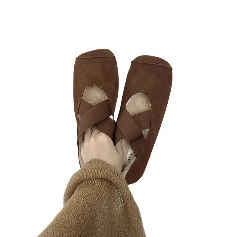 2024 Autumn and Winter New Cotton Shoes Cross Strap A Slip-on Mary Jane Women's Shoes with Cashmere Square Hair Shoes Women