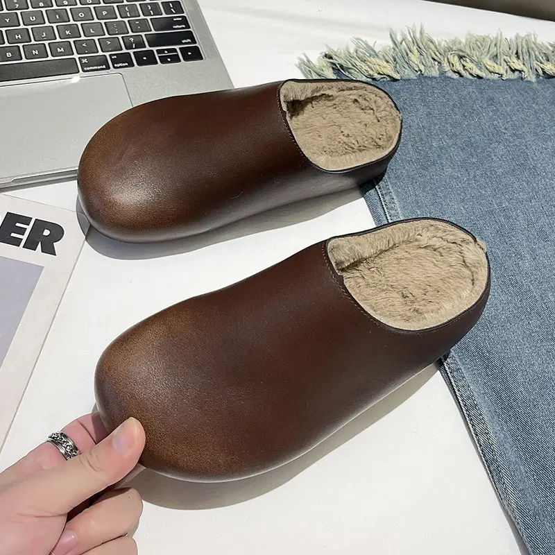 Baotou Half Slippers Women's Autumn/Winter 2024 New One Step French Retro Soft Bottom with Velvet Cotton Slippers