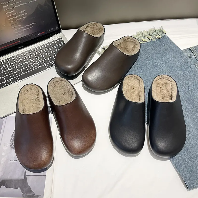 Baotou Half Slippers Women's Autumn/Winter 2024 New One Step French Retro Soft Bottom with Velvet Cotton Slippers