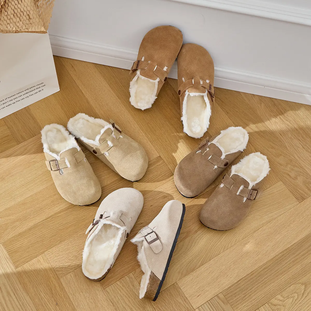 Fur Lined Clogs for Women Men Winter Fuzzy Cork Slippers Fur Cork Mules Short Plush House Cork Shoes Winter Zuecos Mujer