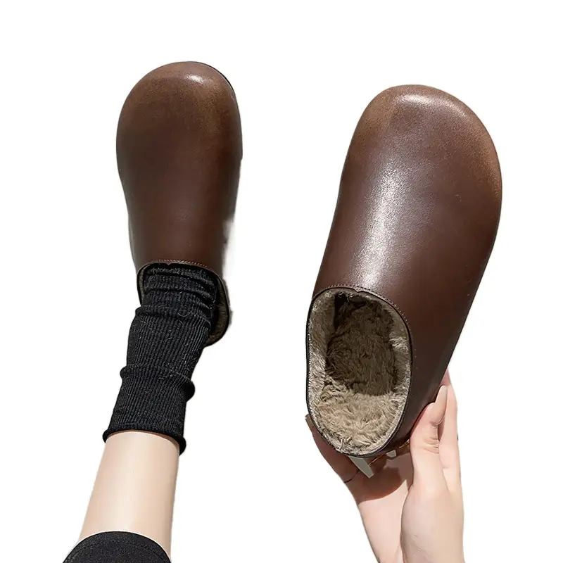 Baotou Half Slippers Women's Autumn/Winter 2024 New One Step French Retro Soft Bottom with Velvet Cotton Slippers