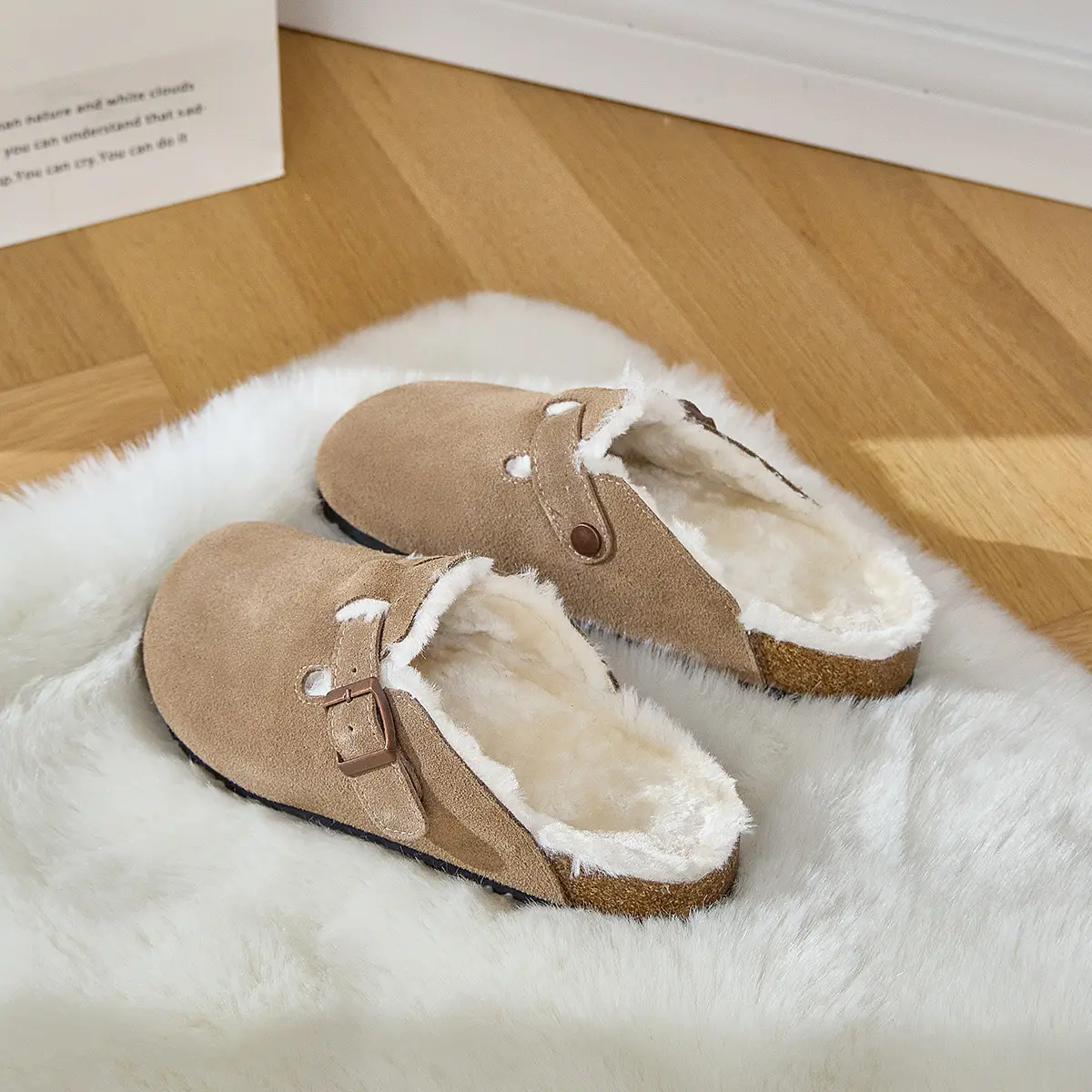 Fur Lined Clogs for Women Men Winter Fuzzy Cork Slippers Fur Cork Mules Short Plush House Cork Shoes Winter Zuecos Mujer