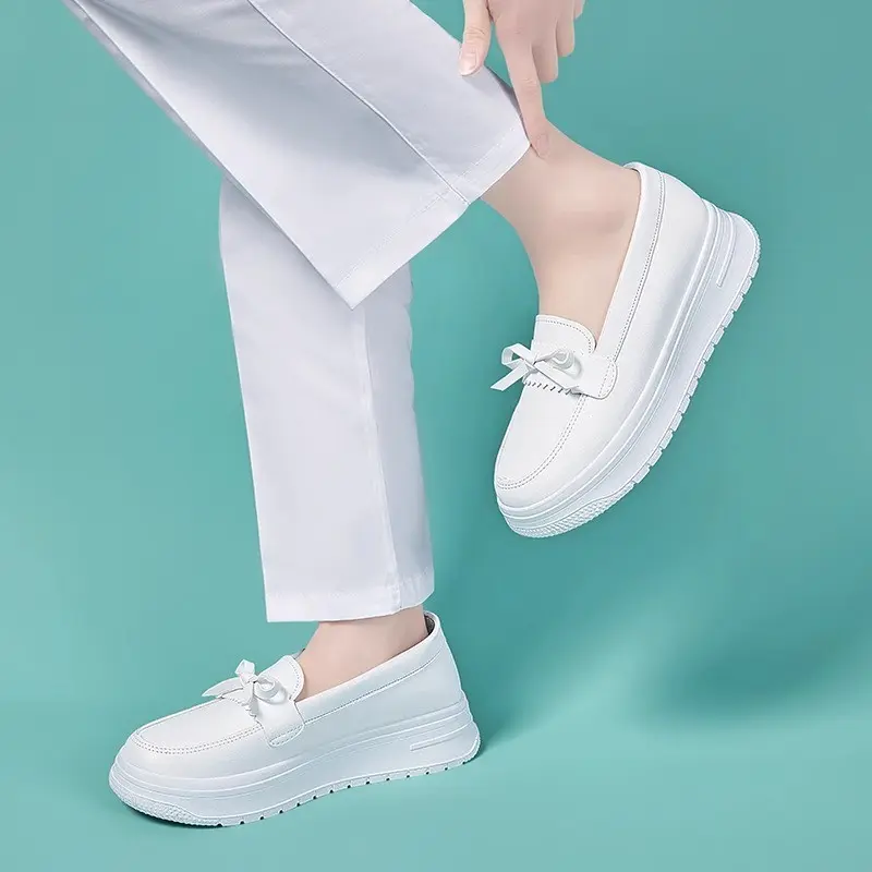 New Women's White Leather Soft Outsole Work Shoes Female Black Swing Shoes Woman Plus Size Wedges Flats Shoes