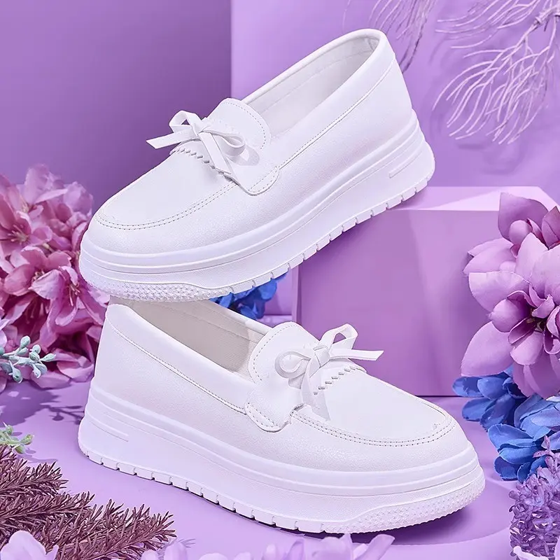New Women's White Leather Soft Outsole Work Shoes Female Black Swing Shoes Woman Plus Size Wedges Flats Shoes