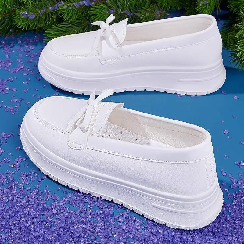 New Women's White Leather Soft Outsole Work Shoes Female Black Swing Shoes Woman Plus Size Wedges Flats Shoes