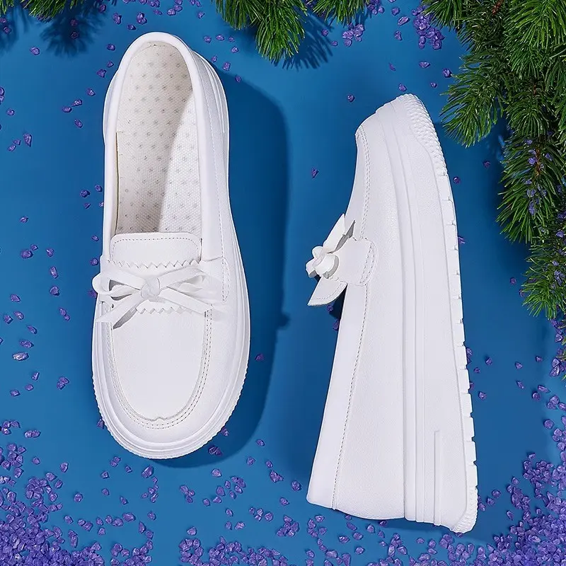 New Women's White Leather Soft Outsole Work Shoes Female Black Swing Shoes Woman Plus Size Wedges Flats Shoes