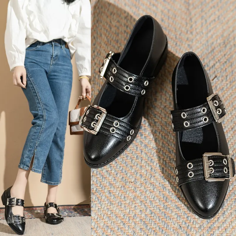 New Women's Sandals Pointed Shoes 2024 Spring Fashion Willow Nails Thick Heel Women's Single Shoe Flats Large Size