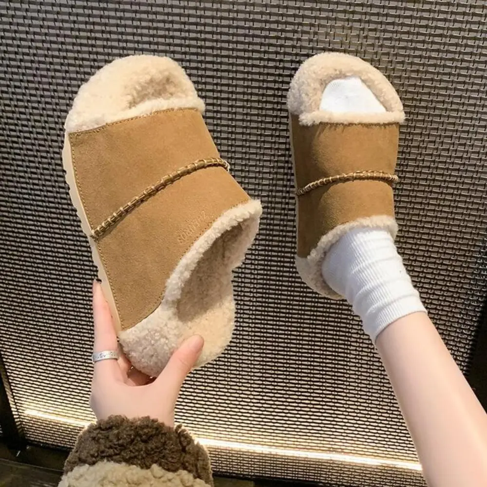 Shevalues Fuzzy Slippers Women Cork Footbed Fluffy Slide Sandals Open Toe Indoor House Shoes with Arch Support Adjustable Buckle
