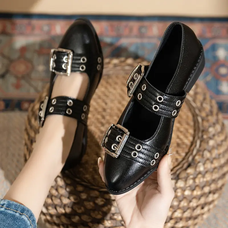 New Women's Sandals Pointed Shoes 2024 Spring Fashion Willow Nails Thick Heel Women's Single Shoe Flats Large Size