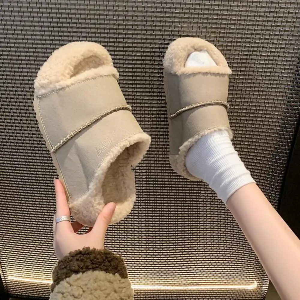 Shevalues Fuzzy Slippers Women Cork Footbed Fluffy Slide Sandals Open Toe Indoor House Shoes with Arch Support Adjustable Buckle