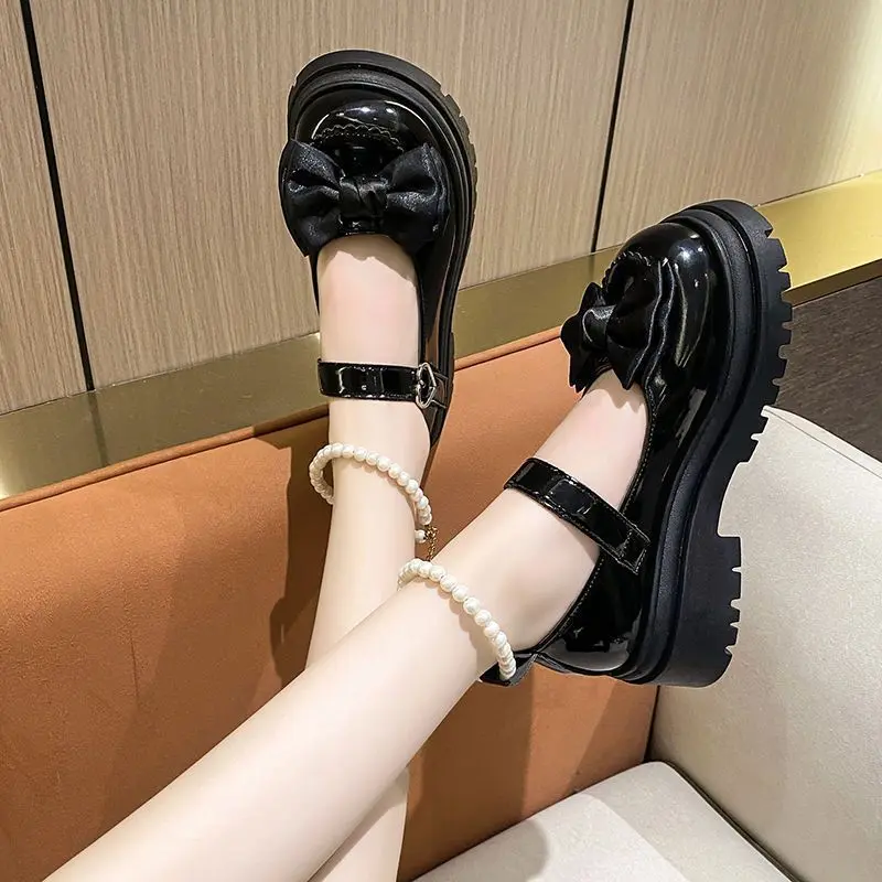 2024Women Thick Platform Mary Janes Lolita Shoes Party Pumps Summer  New Sandals Bow Chain Mujer Shoes Fashion Oxford Zapatos