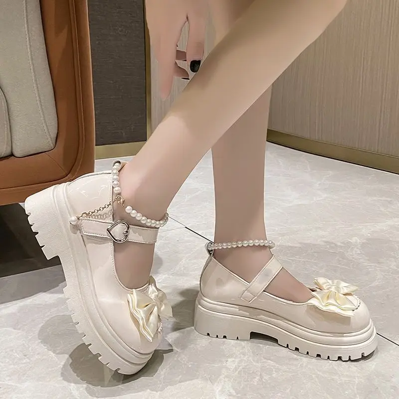 2024Women Thick Platform Mary Janes Lolita Shoes Party Pumps Summer  New Sandals Bow Chain Mujer Shoes Fashion Oxford Zapatos