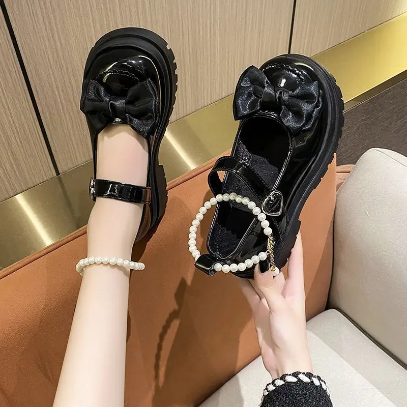 2024Women Thick Platform Mary Janes Lolita Shoes Party Pumps Summer  New Sandals Bow Chain Mujer Shoes Fashion Oxford Zapatos