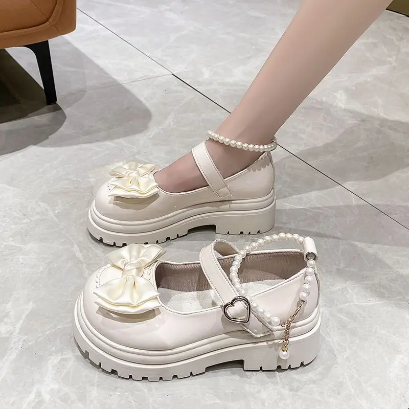 2024Women Thick Platform Mary Janes Lolita Shoes Party Pumps Summer  New Sandals Bow Chain Mujer Shoes Fashion Oxford Zapatos