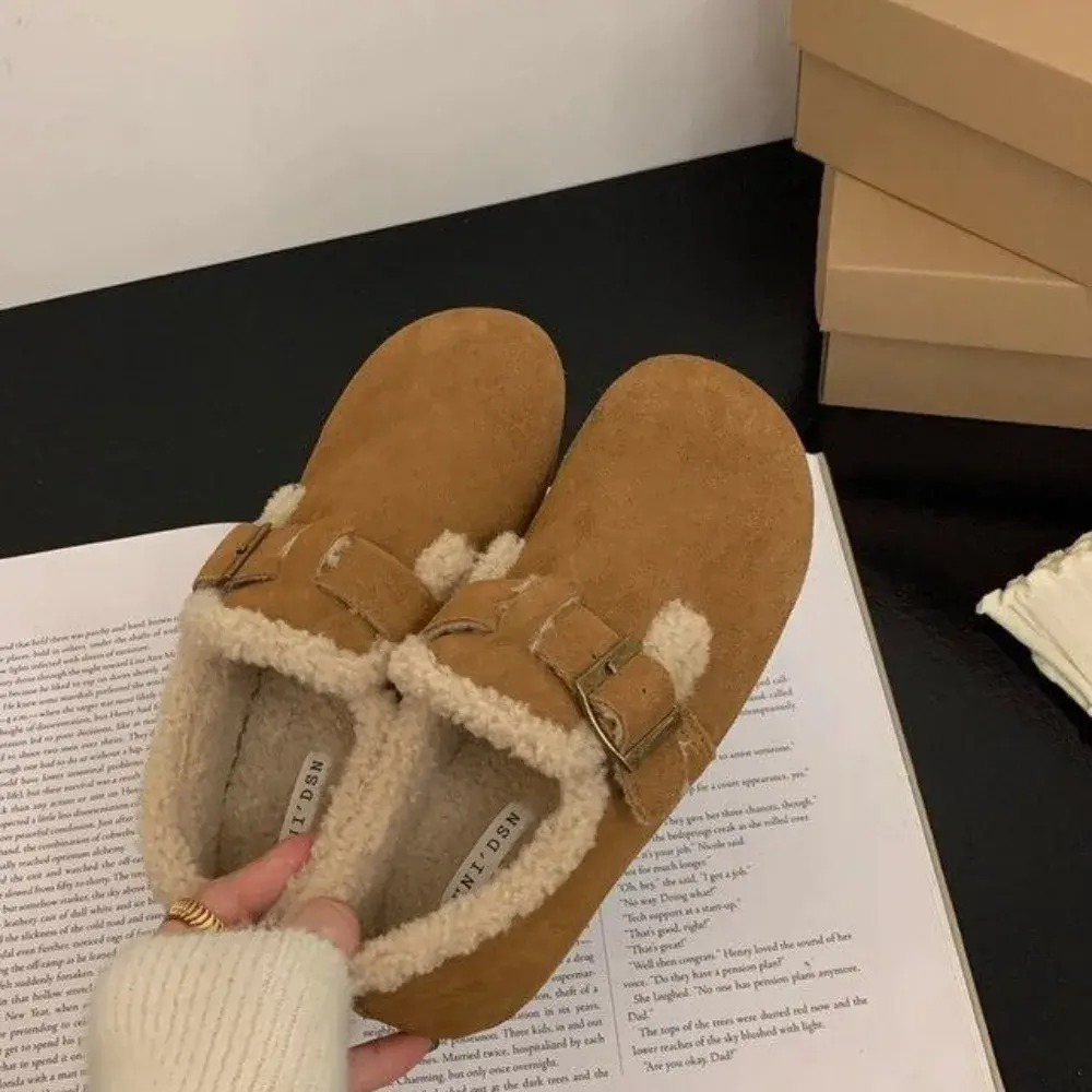 2024Winter Retro Women's Lamb Wool Shoes Warm Fur Flat Loafers Women Outdoor Waterproof Ankle Boots Lazy Moccasin Driving Shoes