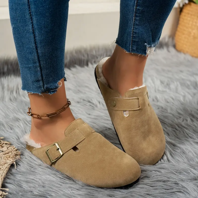 Comwarm Fur Lined Clogs for Women Men Winter Fuzzy Cork Slippers Fur Cork Mules Short Plush House Cork Shoes Winter Zuecos Mujer