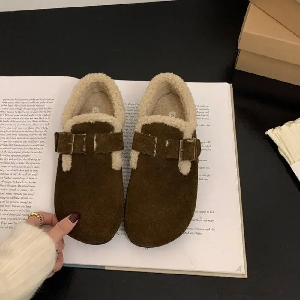 2024Winter Retro Women's Lamb Wool Shoes Warm Fur Flat Loafers Women Outdoor Waterproof Ankle Boots Lazy Moccasin Driving Shoes