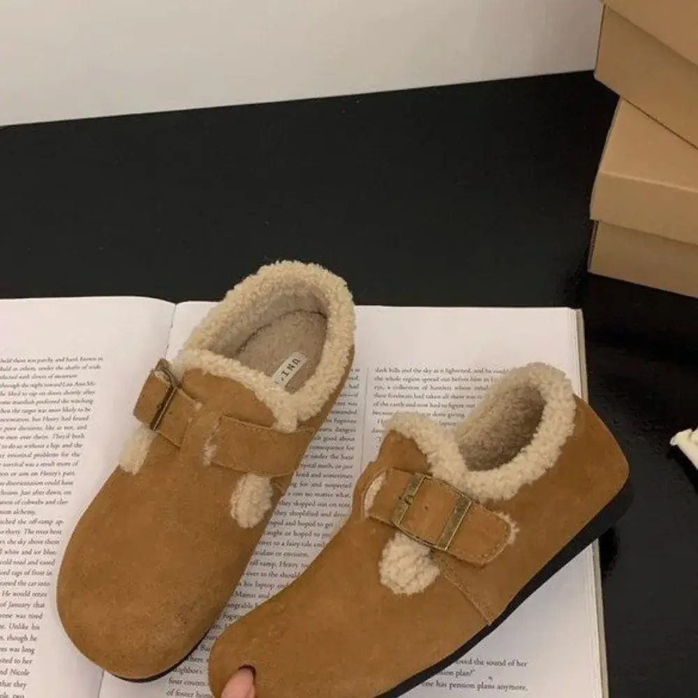 2024Winter Retro Women's Lamb Wool Shoes Warm Fur Flat Loafers Women Outdoor Waterproof Ankle Boots Lazy Moccasin Driving Shoes