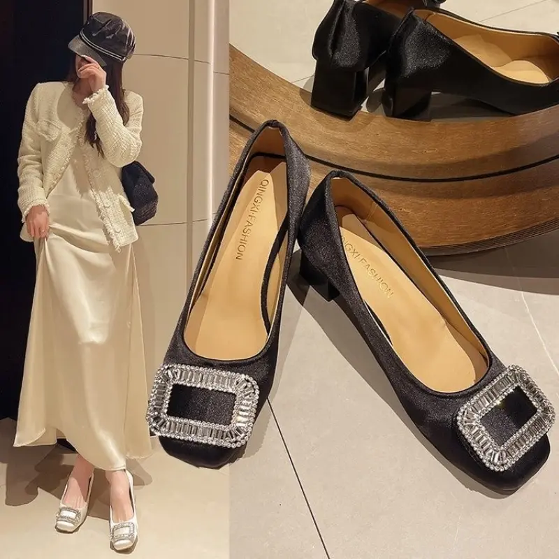 French Square Button Rhinestone Square Toe Shallow Mouth Spring Temperament Single Shoe for Women  New Plus Size Women's Shoes