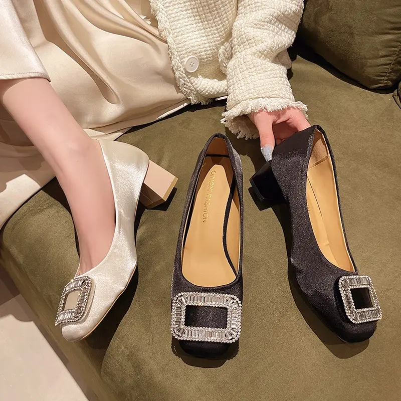 French Square Button Rhinestone Square Toe Shallow Mouth Spring Temperament Single Shoe for Women  New Plus Size Women's Shoes