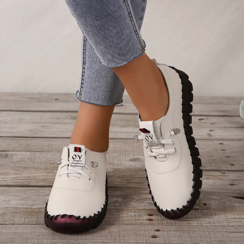 Women's Large Size 35-43 Yard PU Leather Sports Shoes Running Shoes Flat Bottom with Elastic Straps Shoes for Women Sneakers