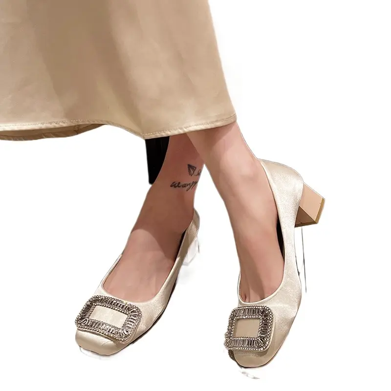 French Square Button Rhinestone Square Toe Shallow Mouth Spring Temperament Single Shoe for Women  New Plus Size Women's Shoes
