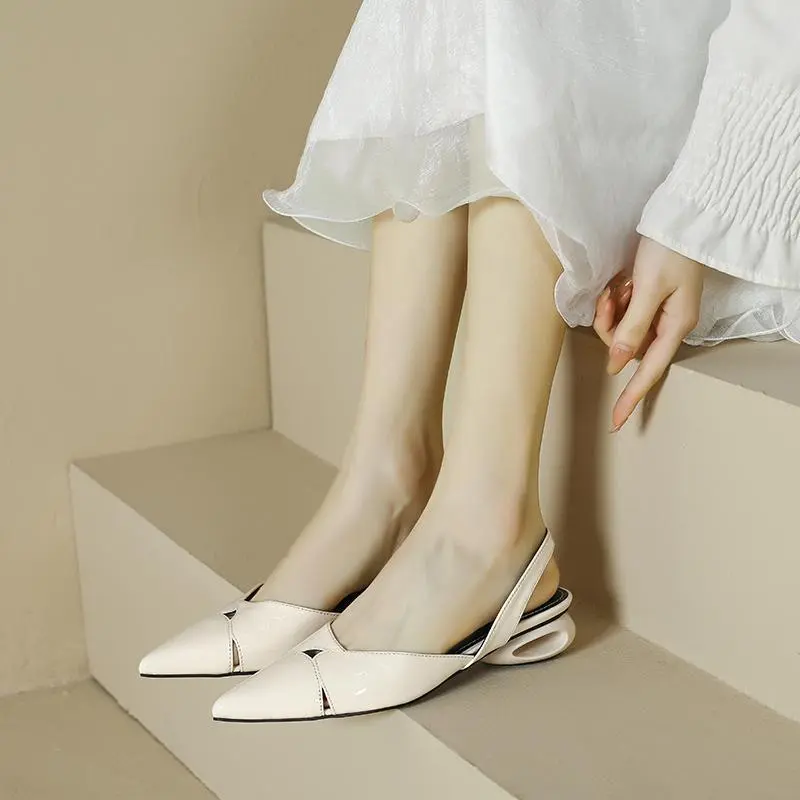 Women Sexy Pointed Toe Sandals Summer New French Elegant Single Shoes Luxury Low Heeled Shoes 2024 Women Thick Heeled Sandals