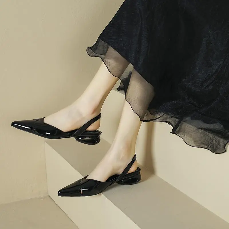 Women Sexy Pointed Toe Sandals Summer New French Elegant Single Shoes Luxury Low Heeled Shoes 2024 Women Thick Heeled Sandals