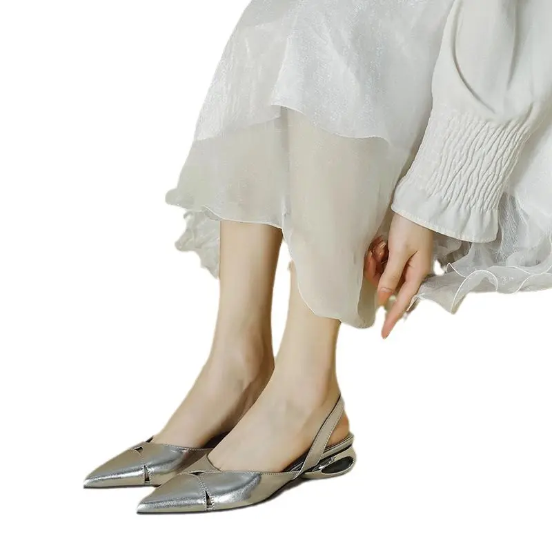 Women Sexy Pointed Toe Sandals Summer New French Elegant Single Shoes Luxury Low Heeled Shoes 2024 Women Thick Heeled Sandals