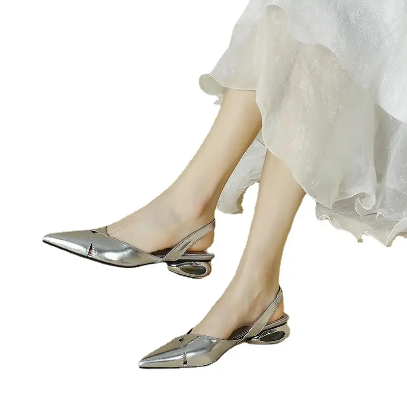 Women Sexy Pointed Toe Sandals Summer New French Elegant Single Shoes Luxury Low Heeled Shoes 2024 Women Thick Heeled Sandals