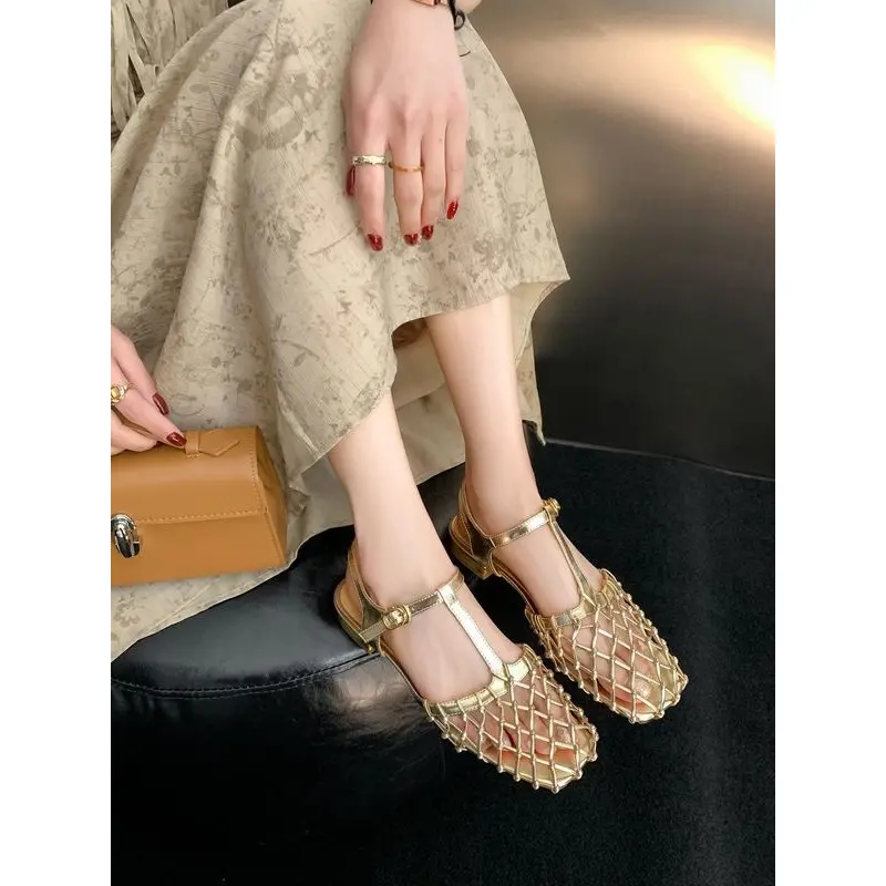 Retro Gold Hollow Mesh Silver Bag Head Sandals Women's Buckle with Low Heel Ballet Flats Luxury Shoes