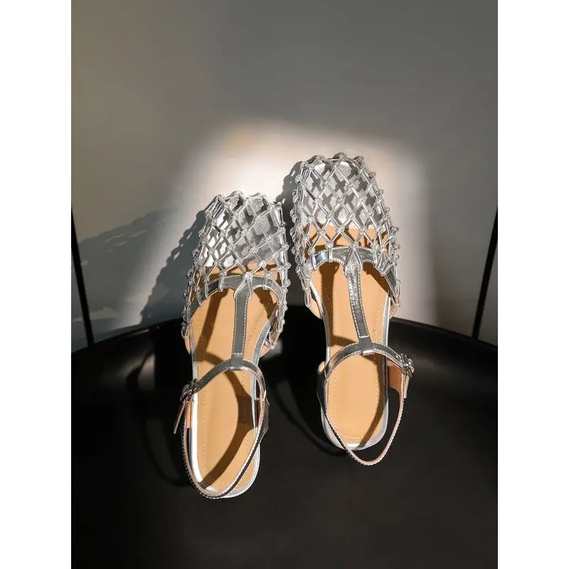 Retro Gold Hollow Mesh Silver Bag Head Sandals Women's Buckle with Low Heel Ballet Flats Luxury Shoes