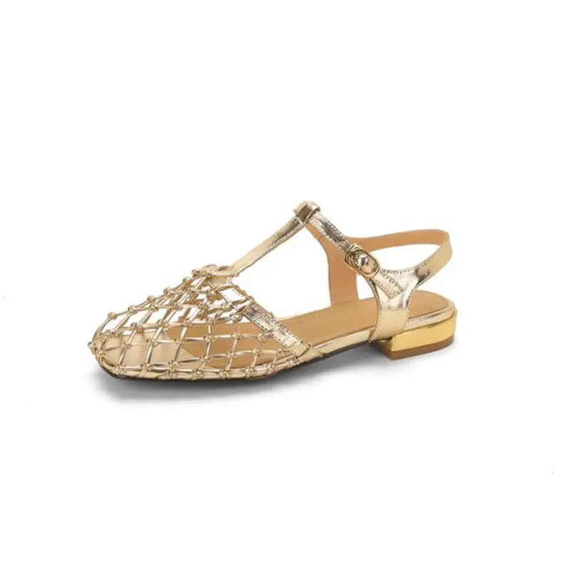Retro Gold Hollow Mesh Silver Bag Head Sandals Women's Buckle with Low Heel Ballet Flats Luxury Shoes