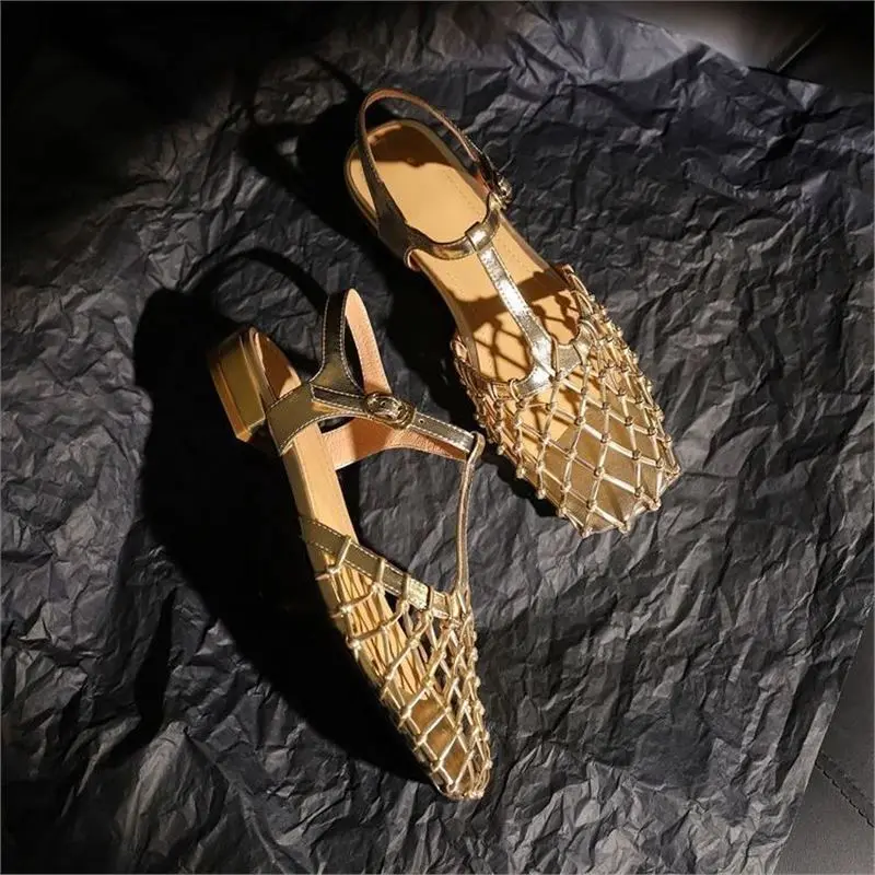 Retro Gold Hollow Mesh Silver Bag Head Sandals Women's Buckle with Low Heel Ballet Flats Luxury Shoes