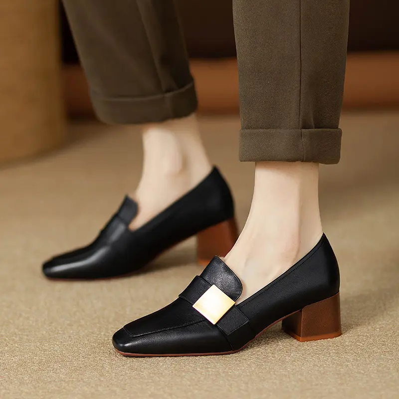 Women's Mid-heel 5.5CM Summer French Shoes Back Empty Women's Thick Heel Square Toe Mary Jane Black Brown Claw Shoes for Women