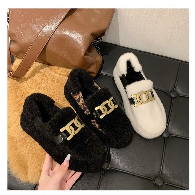 Luxury Sheep Fur Lined Loafers Women Lambswool Shoes Ladies Winter Slip on Furry Flats Cotton Wool Mocasine Femme Barefoot Boots