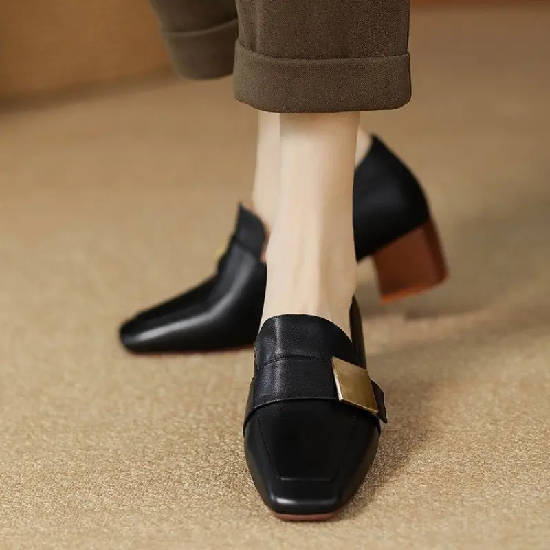 Women's Mid-heel 5.5CM Summer French Shoes Back Empty Women's Thick Heel Square Toe Mary Jane Black Brown Claw Shoes for Women