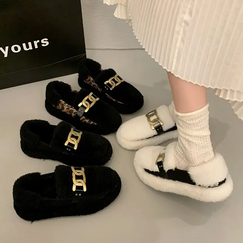 Luxury Sheep Fur Lined Loafers Women Lambswool Shoes Ladies Winter Slip on Furry Flats Cotton Wool Mocasine Femme Barefoot Boots