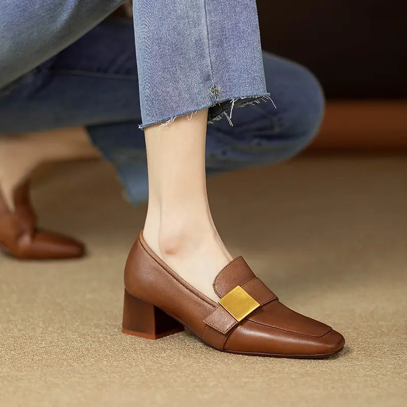 Women's Mid-heel 5.5CM Summer French Shoes Back Empty Women's Thick Heel Square Toe Mary Jane Black Brown Claw Shoes for Women