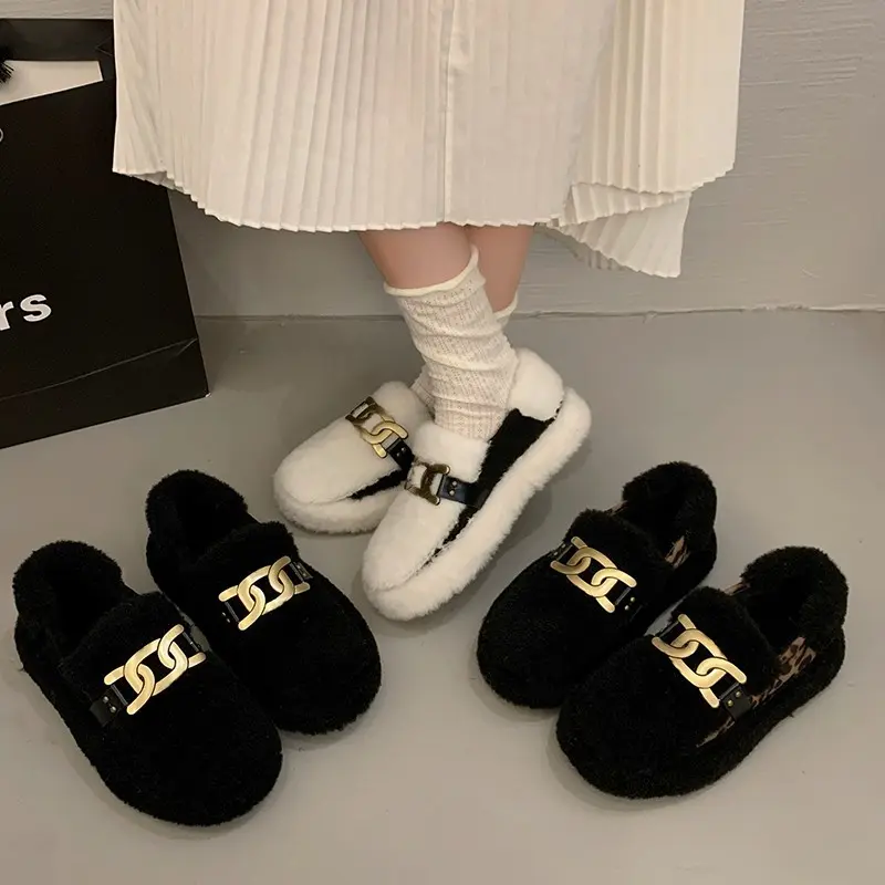 Luxury Sheep Fur Lined Loafers Women Lambswool Shoes Ladies Winter Slip on Furry Flats Cotton Wool Mocasine Femme Barefoot Boots