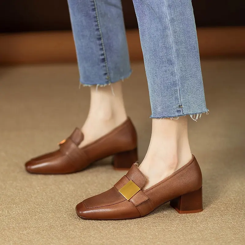 Women's Mid-heel 5.5CM Summer French Shoes Back Empty Women's Thick Heel Square Toe Mary Jane Black Brown Claw Shoes for Women