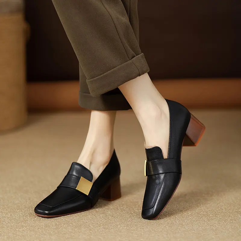 Women's Mid-heel 5.5CM Summer French Shoes Back Empty Women's Thick Heel Square Toe Mary Jane Black Brown Claw Shoes for Women