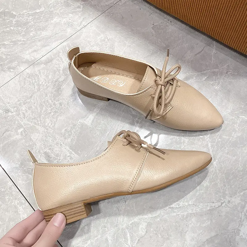 British Style Women's Shoes  Autumn New Lace-up Small Leather Shoes Women All Flat Pointed Female Soft Soles Large Size Shoes