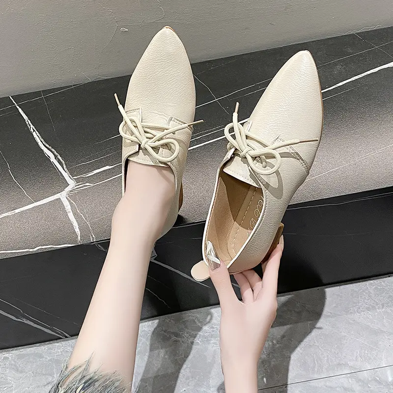 British Style Women's Shoes  Autumn New Lace-up Small Leather Shoes Women All Flat Pointed Female Soft Soles Large Size Shoes