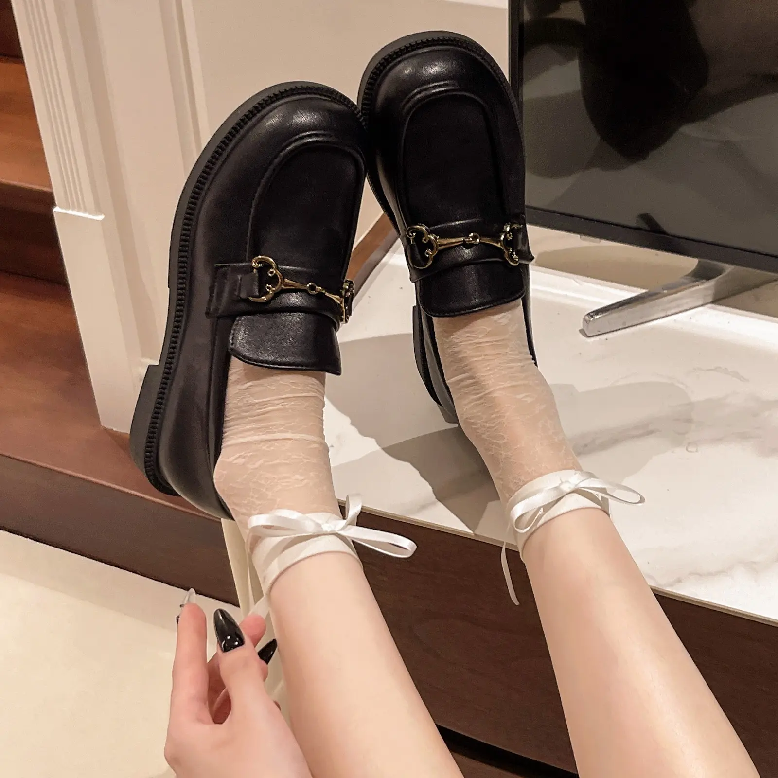 Women's Casual Loafers 2024 New PU Waterproof Thick-soled Women's Shoes Elegant Bow Designer Office Shopping Zapatillas Mujer
