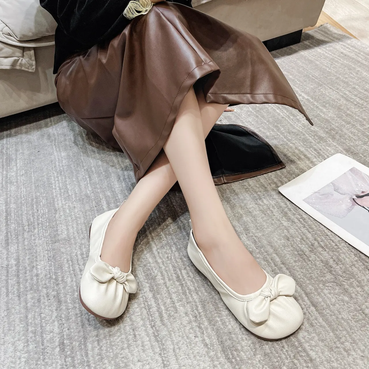 Thin Sole Foldable Ballet Flats Women Travel Hotel Shoes Wide Foot Ladies Butterfly Knot Loafers Woman Orthopedic Shoe